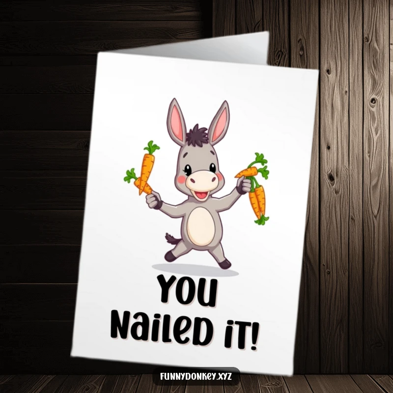 Free Printable Congratulations Card: A donkey juggling a bunch of colorful carrots with a goofy, happy expression