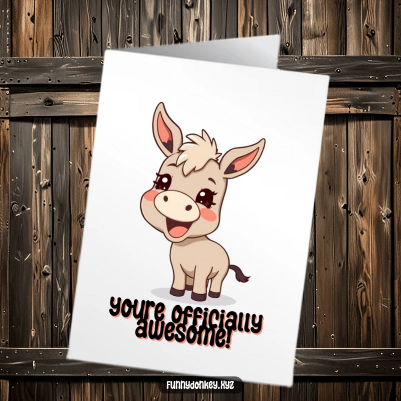 Funny free printable congratulations card with a kawaii donkey excitedly braying, a mischievous grin on its face. Great for celebrations.