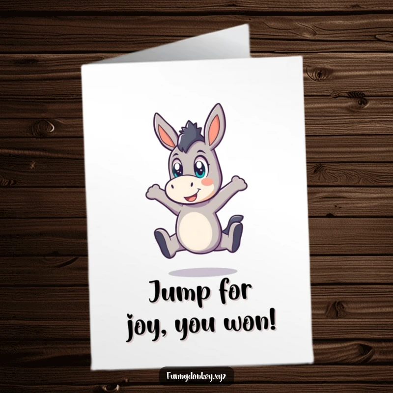 Funny free printable congratulations card of a kawaii donkey doing a playful leap with wide, surprised eyes. Great for big news.