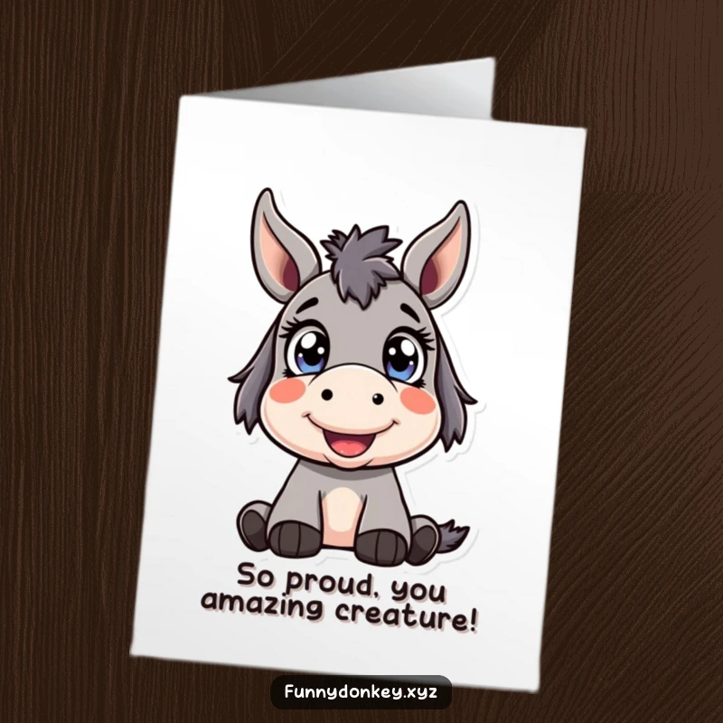 Free Printable Congratulations Card: A Kawaii donkey character with wide, happy eyes looks upwards, celebrating good news.