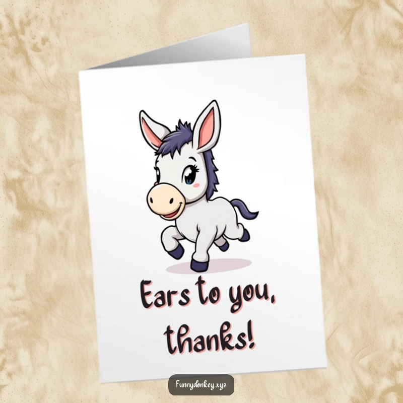 Funny Free Printable Thank You Card: Kawaii donkey prancing with big floppy ears.