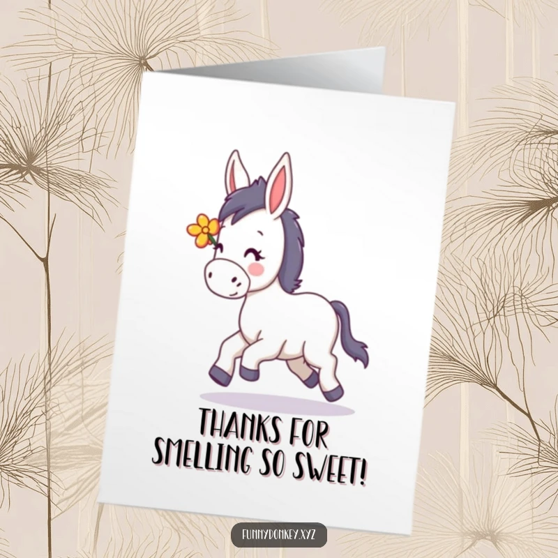 Funny free printable thank you card featuring a kawaii donkey happily trotting with a flower in its mane. A lovely way to give thanks.
