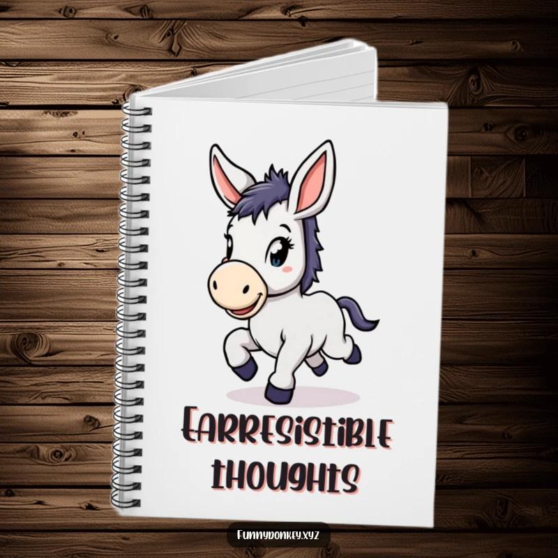 Funny Kawaii Donkey Notebook with a cute donkey with large floppy ears, prancing with delight, great for notes.