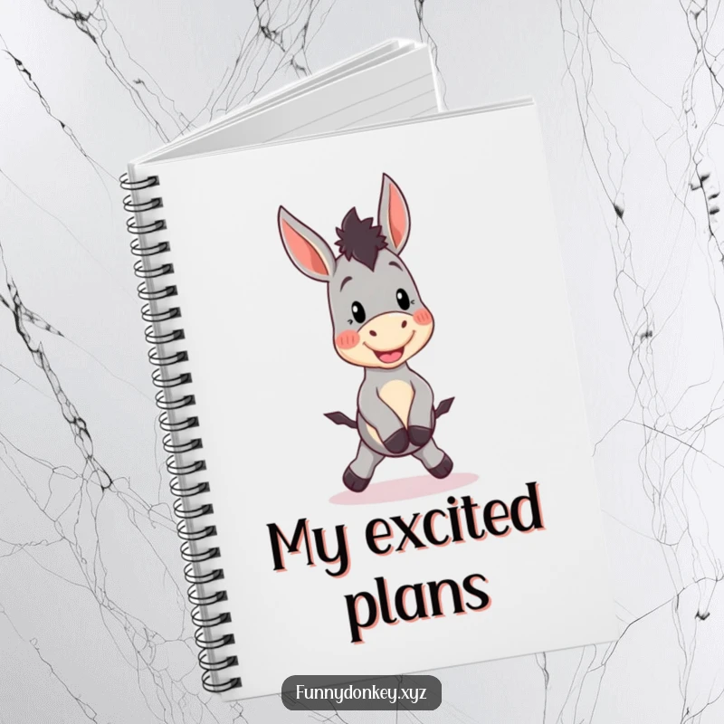 Funny Kawaii Donkey Notebook with a cute donkey character doing a silly little hop, perfect for humorous note-taking and planning.