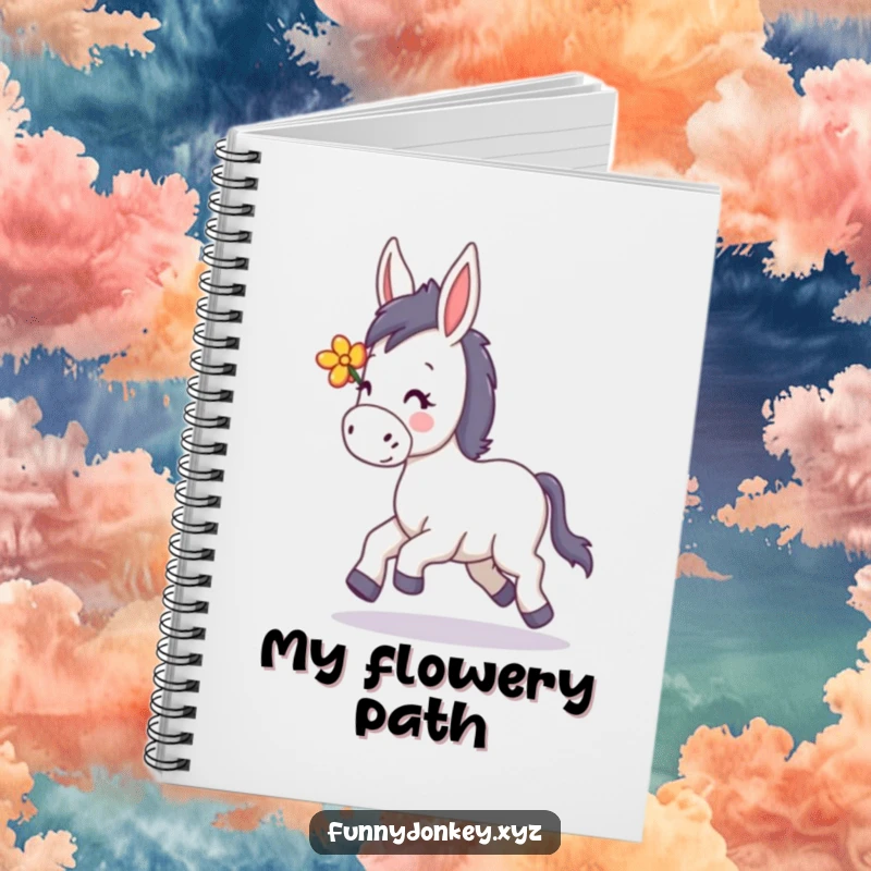 Funny Kawaii Donkey Notebook, a donkey happily trotting with a flower in its mane, ideal for jotting happy notes.
