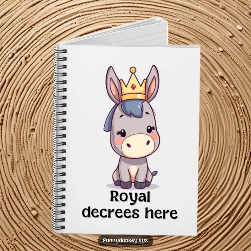 Funny kawaii donkey notebook with a cute donkey character balancing a small abstract crown, perfect for jotting down funny royal thoughts.