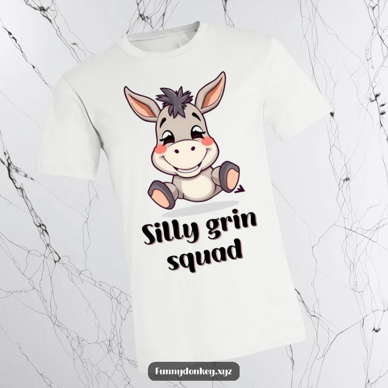Funny Donkey T-Shirt showing a silly donkey with a wide grin, tapping its hooves with pure joy.