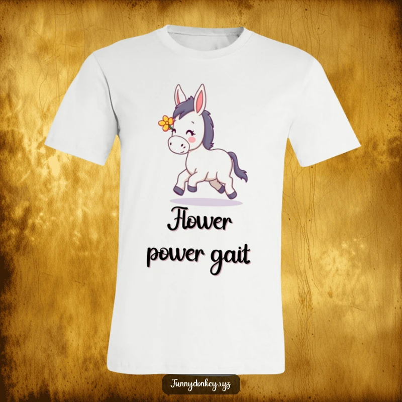 Funny Kawaii Donkey T-Shirt, a donkey happily trotting with a flower in its mane, radiating cheerful energy.