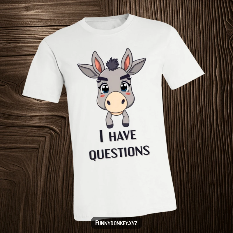Funny t-shirt with a donkey character sporting oversized, quizzical eyebrows, expressing playful bewilderment with a humorous twist.