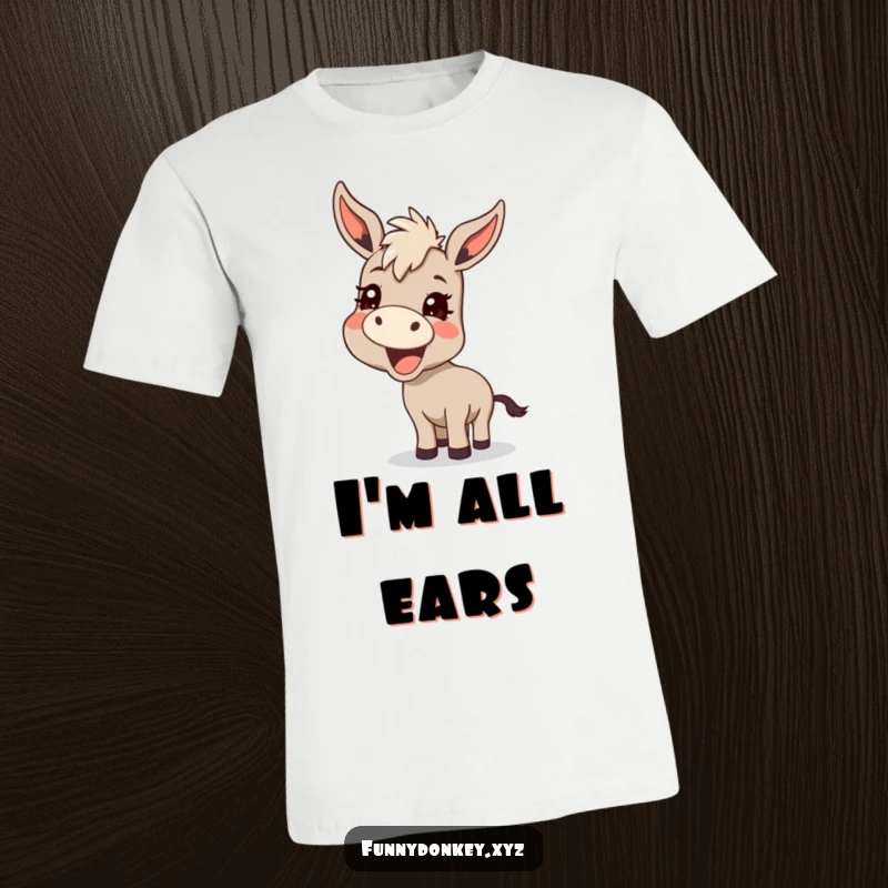 Funny Kawaii Donkey T-Shirt, captured mid-bray with a cheeky mischievous grin, a humorous statement piece.