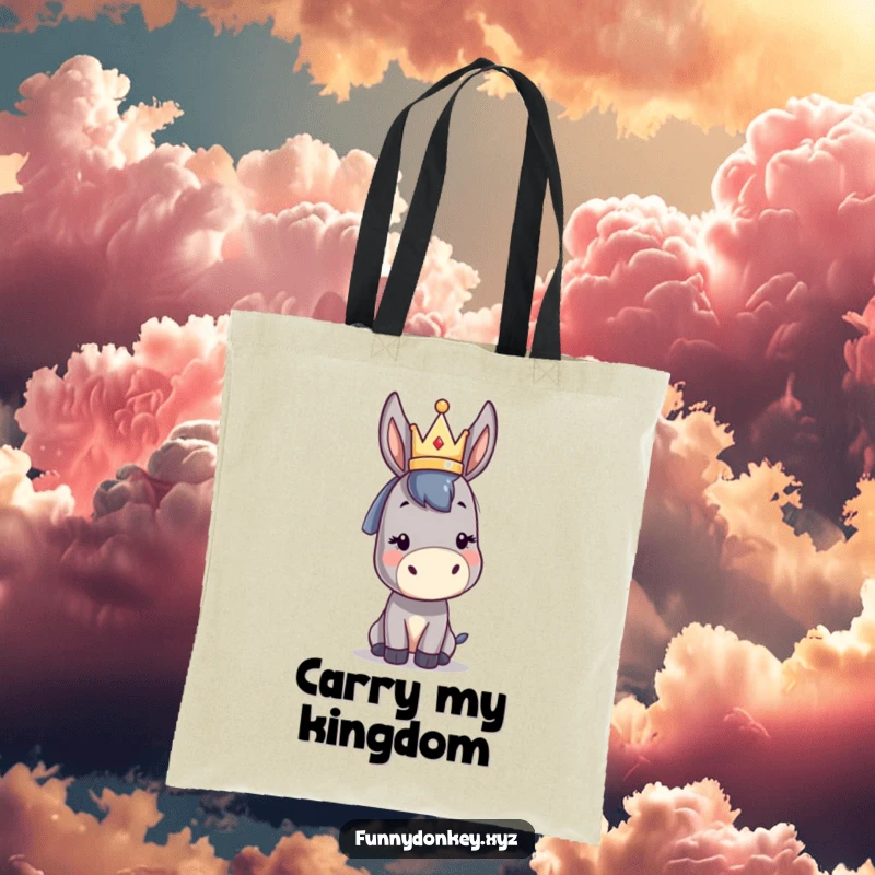 Funny kawaii donkey tote bag depicting a cute donkey character wearing a tiny abstract crown, perfect for carrying treasures with comedic flair.