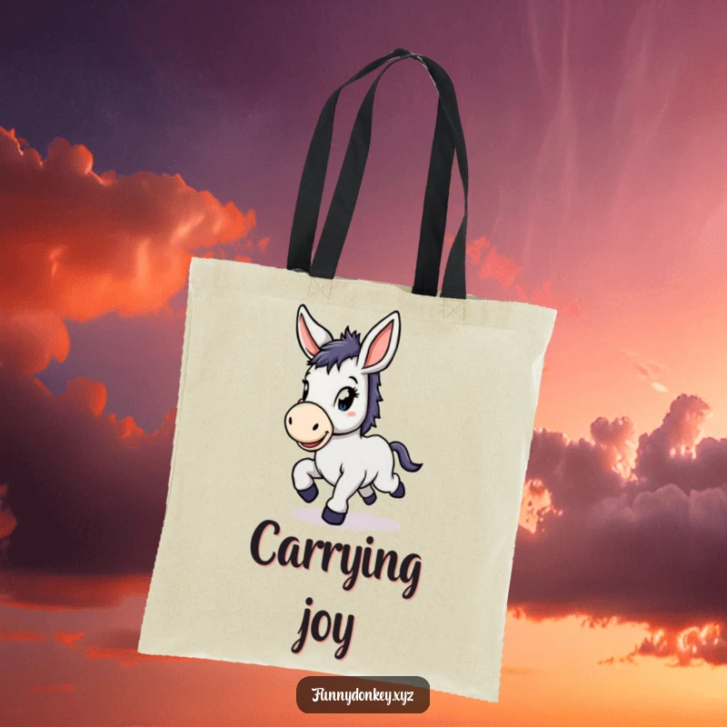 Funny Kawaii Donkey Tote Bag featuring a cute donkey with large floppy ears, prancing with delight, fun and functional.