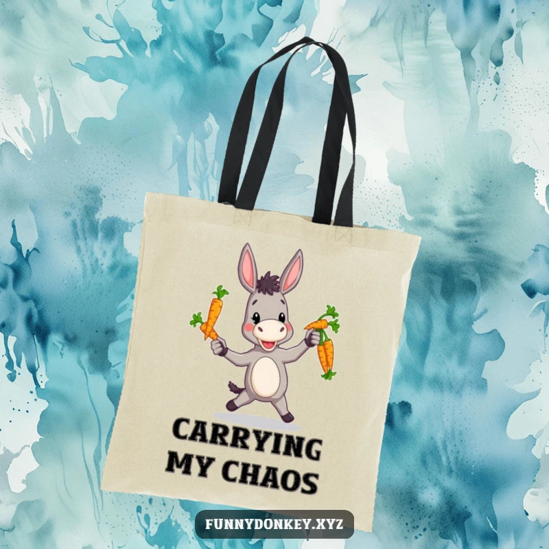 Funny tote bag featuring a donkey with a charmingly clumsy style as it juggles a bundle of colorful carrots.