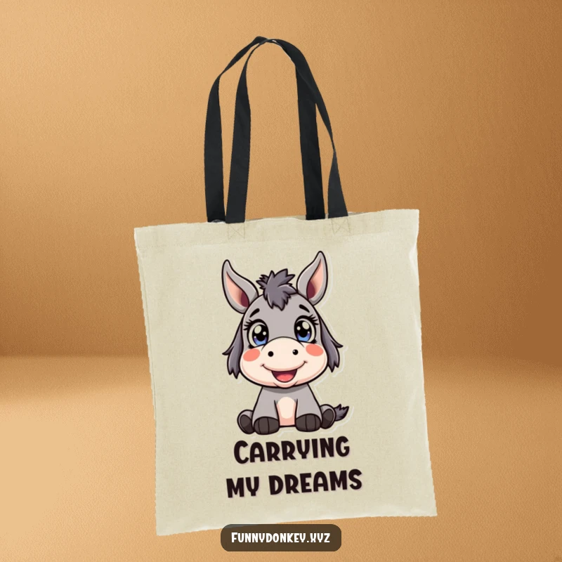Funny Kawaii Donkey Tote Bag showing a cute donkey character with bright, wide eyes looking up happily, carrying pure joy and optimism.