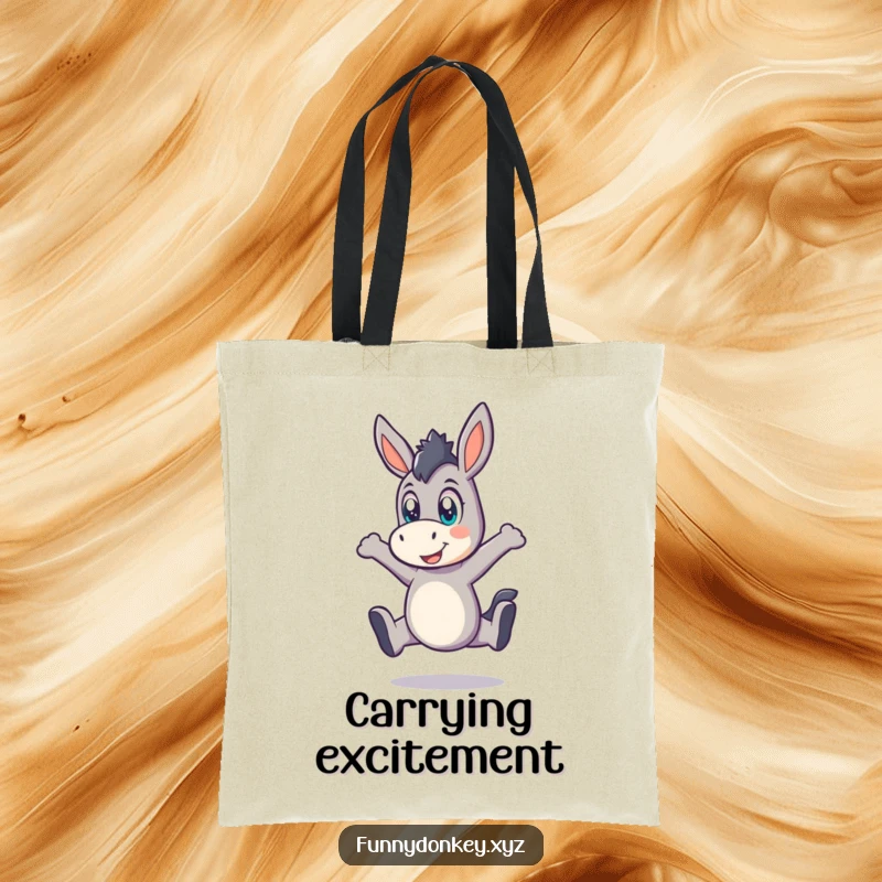 Funny Kawaii Donkey Tote Bag, a donkey in a playful leap with wide eyes, ideal for carrying fun essentials.