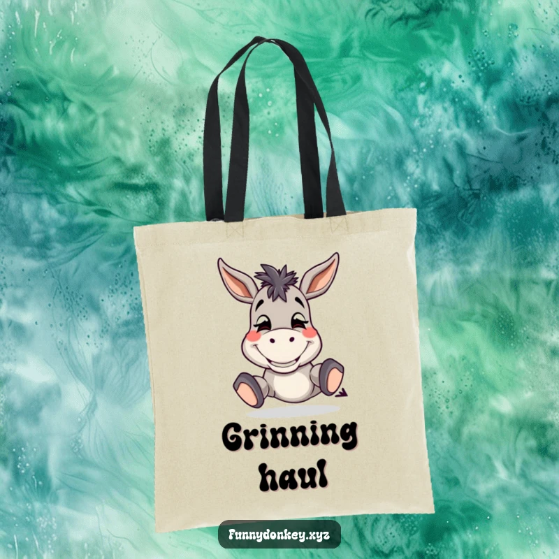 Funny Donkey Tote Bag featuring a silly donkey with a wide grin, tapping its hooves, fun and functional.